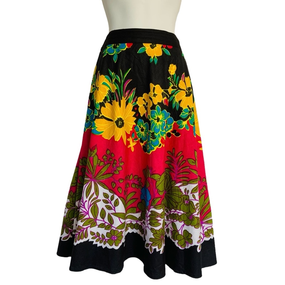 Studio West Cotton Black Floral Skirt Full A-line Elastic Bright Tropical Sz M